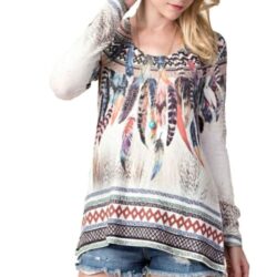 Vocal Watercolor Feather Aztec Cold Shoulder Knit Top