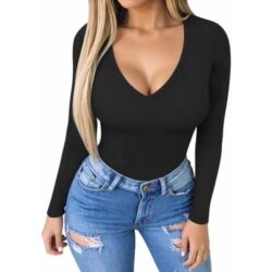 NEW MANGOPOP Deep V Neck Long Sleeve Top Bodysuit S