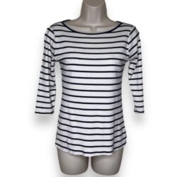 Zara Organic Cotton Boat Neck White Blue Stripe 3/4 Sleeve Knit Top Women Medium