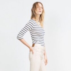 Zara Organic Cotton Boat Neck White Blue Stripe 3/4 Sleeve Knit Top Women Medium