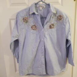 Vintage Jane Ashley Chambray Cotten Pearl Tapestry Floral Blouse – Size 1X