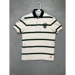 Ralph Lauren Shirt Adult Small Cream Green Wide Pinstripe Cotton Rugby Polo Mens S