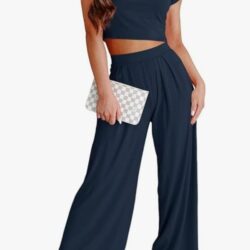 Womens two piece summer outfit crewneck wide leg pants loungewear