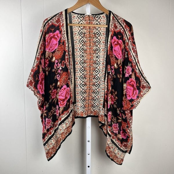 En Creme Kimono Wrap Top Pink Black Rose Floral Boho Western Womens Medium