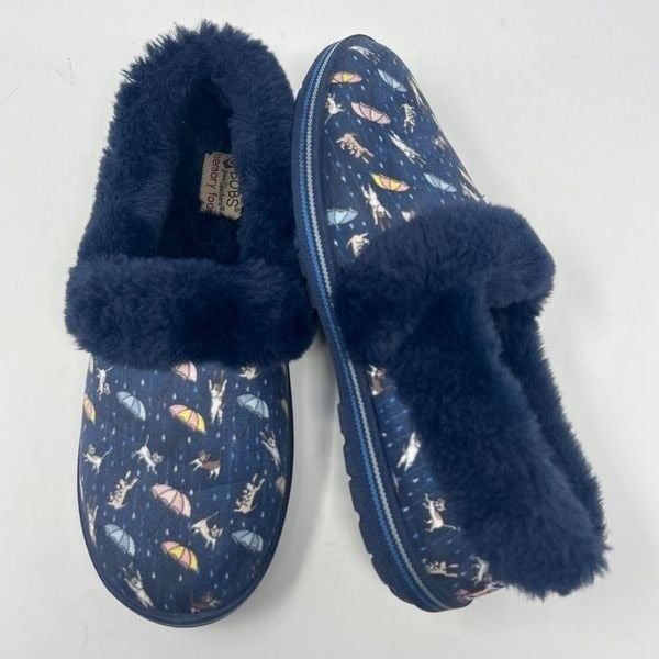 BOBS from Skechers Too Cozy Raining Cats and Dogs Navy Movie Night Slippers 7.5