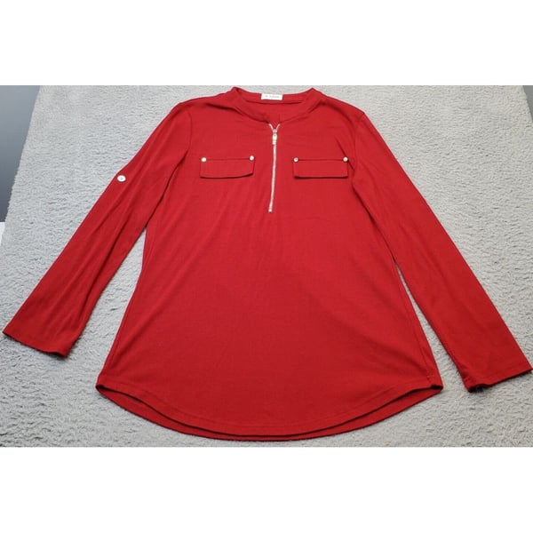 Bulotus Tunic Top Womens Medium Dark Red Chest Pockets Long Sleeve Quarter Zip