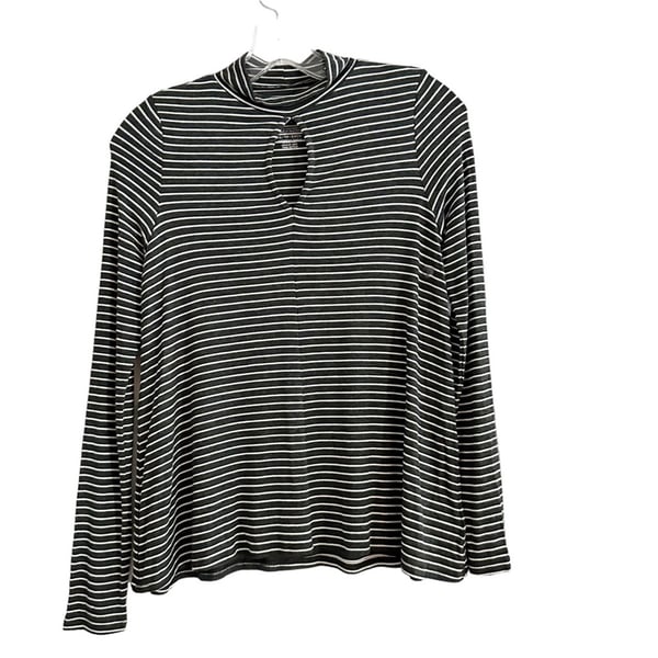 American Eagle Gray Stripe Print Ribbed Soft & Sexy Mock Tee Long Sleeve Keyhole