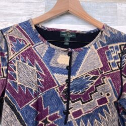 LRL Ralph Lauren Jeans Co Aztec Print Henley Shirt Beige Multi Womens Medium
