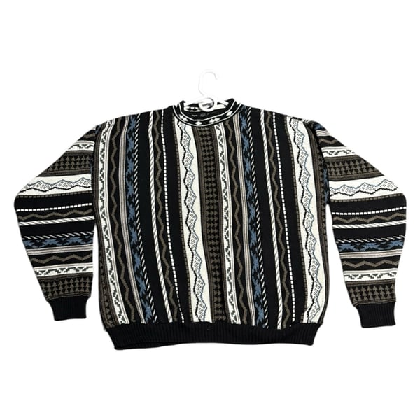 Vintage Coogi Style Sweater GAS Knit black white striped aztec scandinavian y2k