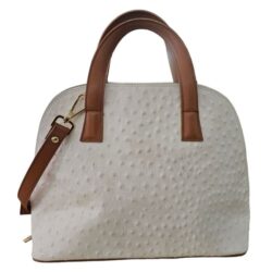 Valentina Italia White Osctirch Leather Dome Satchel Purse Tan and Gold Accents