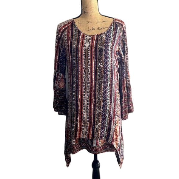 Sassybling Bohemian Printed Tunic Top Flowy Bell Sleeve Size Large