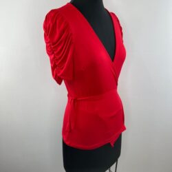 LULUS Valparaiso Red Wrap Top Soft Jersey Knit Short Ruched Sleeves Blouse S