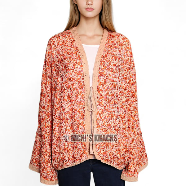 Nalini Floral Printed Kimono Long Bell Sleeve Tasseled Tie Front Orange One Size