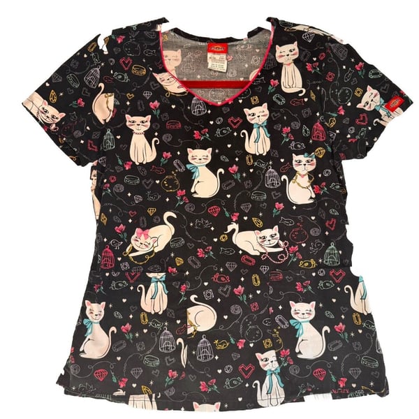 Dickies Scrub Top Women’s M Black Cats Diamond All Over Print  Short Sleeve