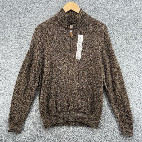 St Johns Bay Sweater Mens M Brown Marble Cotton Knit 1/4 Zip Pullover Casual NWT