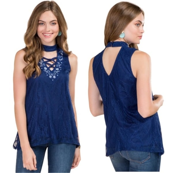 Francesca’s COHEN EMBROIDERED LACE GIGI X NECK Halter Top TANK Navy Blue Small