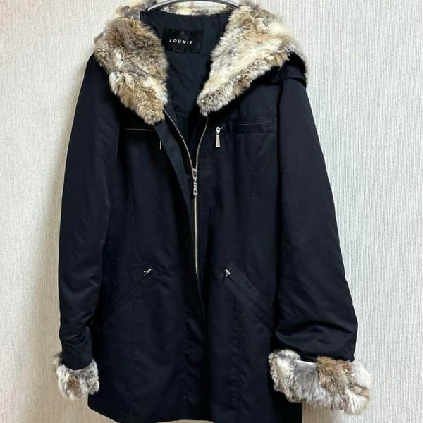 Loony Hooded Outer Jacket Coat with Rabbit Fur – Black