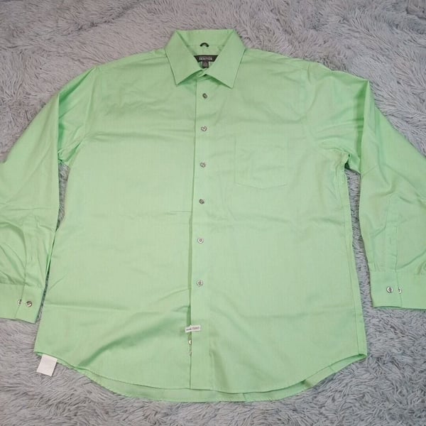 Kenneth Cole Reaction Mens Shirt Green XL 17 17.5 Button Up Pocket Career Preppy