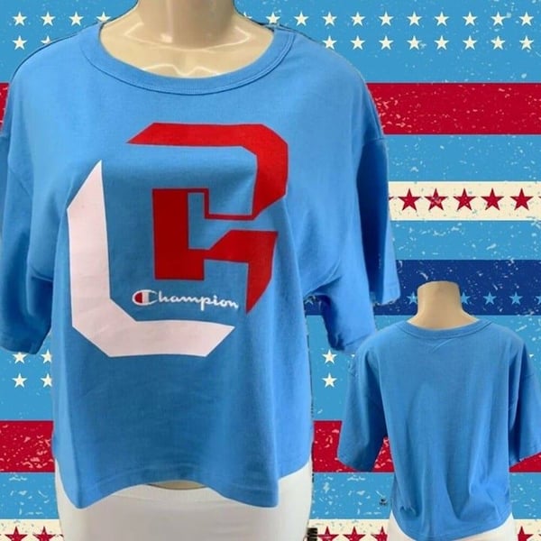 Champion L Blue Logo Graphic Crew Neckline Heritage Cotton Short Sleeve Crop Tee