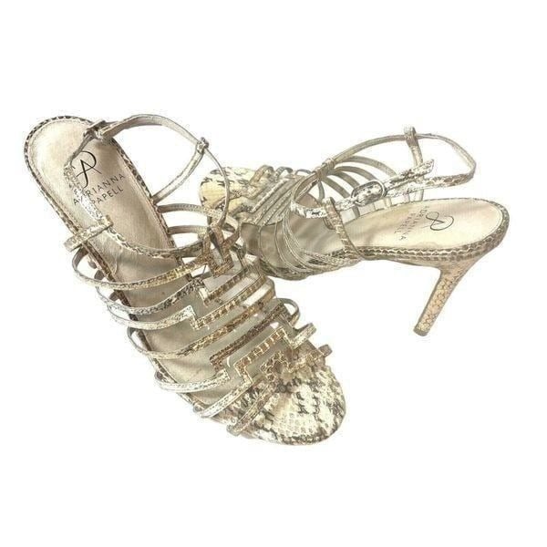 Adrianna Papell Womens 10M Shoes Heels Gold Metallic Sandals Stiletto Snake Skin