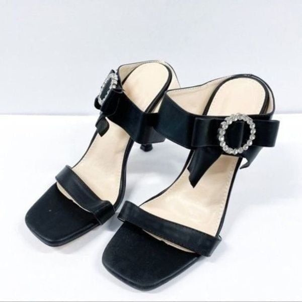 Women Black Fashion Rhinestone Double Strap Mules Sandal Open Toe Stilettos Heel