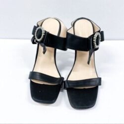 Women Black Fashion Rhinestone Double Strap Mules Sandal Open Toe Stilettos Heel