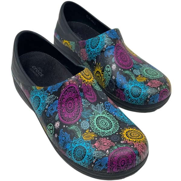 Crocs Neria Pro II Graphic Clog Women’s 10 Black Colorful Paisley Dual Comfort