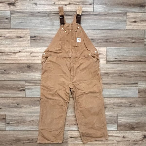 Men’s Carhartt Duck Canvas Carpenter Bib Overalls 48×28 Tan R01 BRN Double Knee